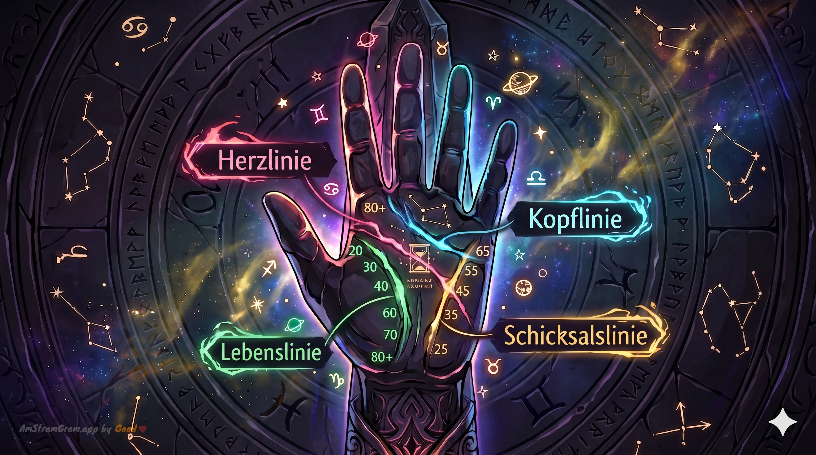 Illustrierte Karte der Handlinien (Herz-, Kopf-, Lebens-, Schicksalslinie) — Chiromantie-Leitfaden AmStramGram