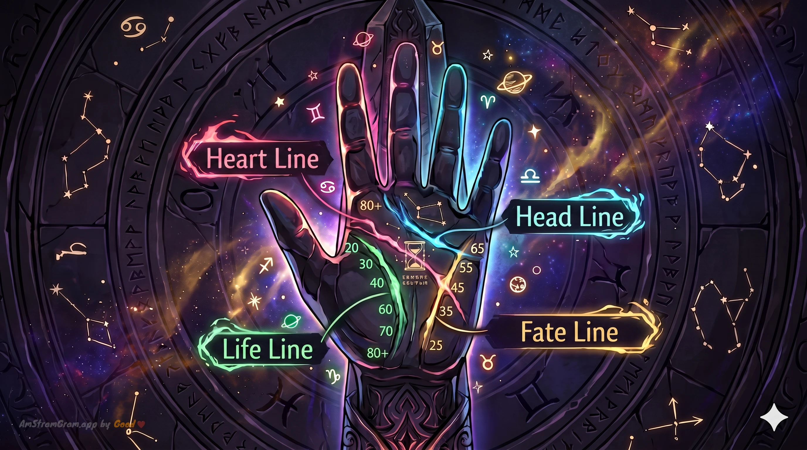 Illustrated map of palm lines (heart, head, life, fate) — palmistry guide AmStramGram