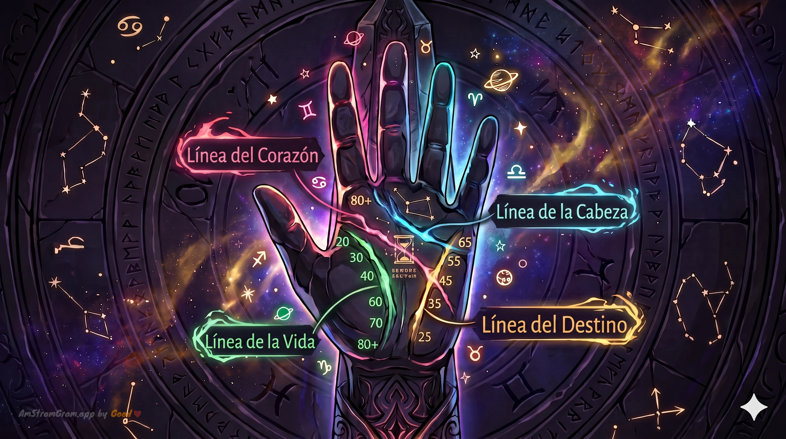 Mapa ilustrado de las líneas de la palma (corazón, cabeza, vida, destino) — guía de quiromancia AmStramGram