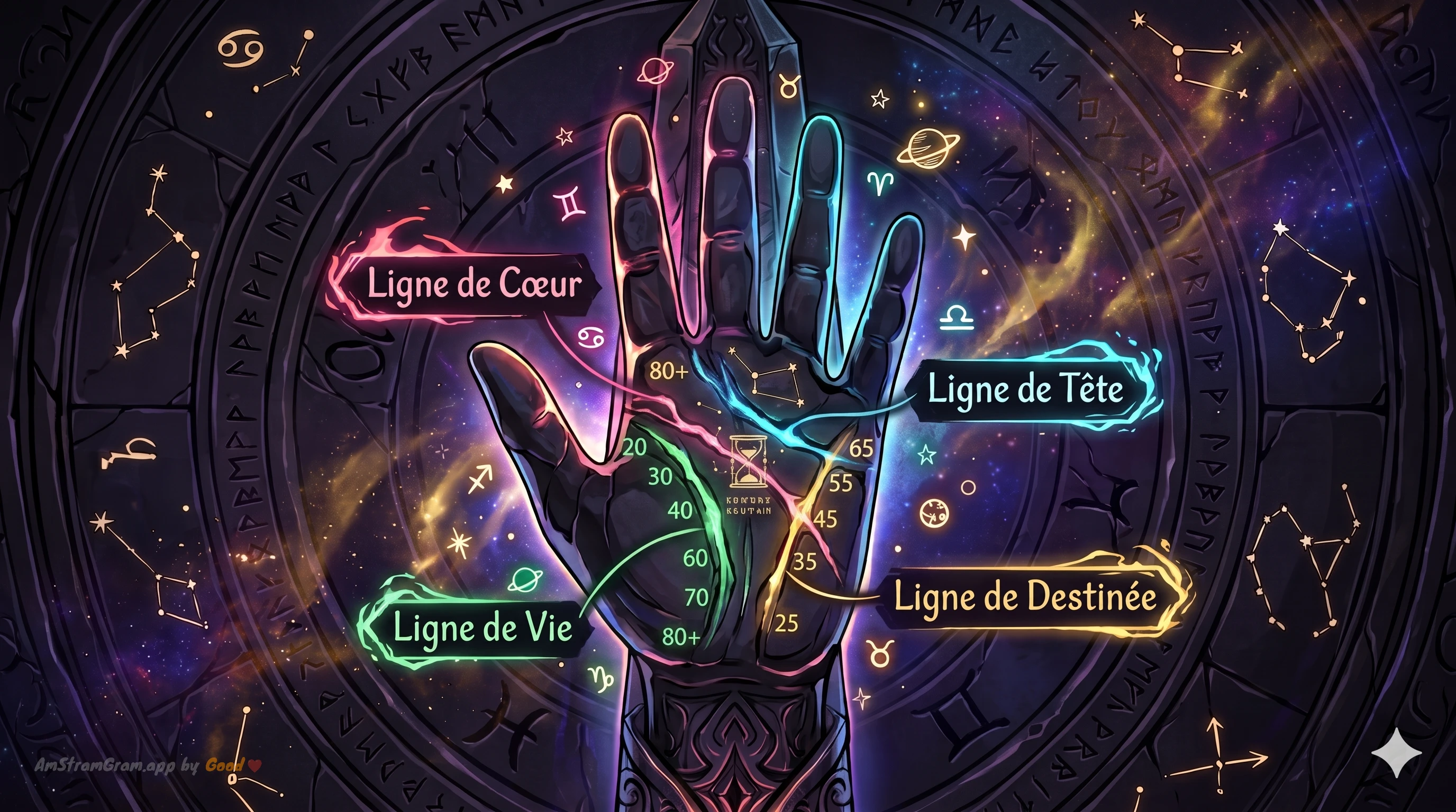 Carte illustrée des lignes de la main (cœur, tête, vie, destin) — guide chiromancie AmStramGram