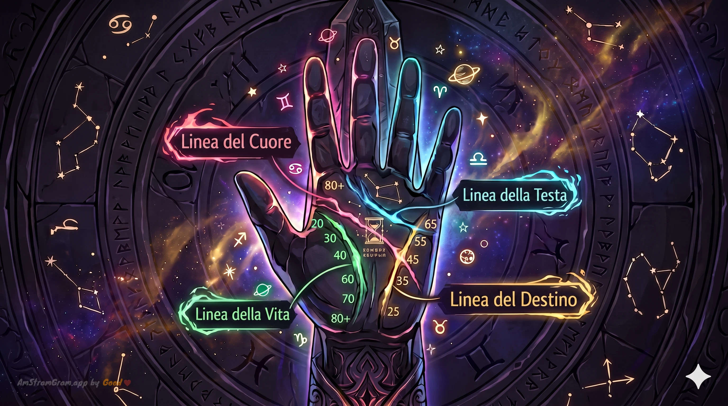 Mappa illustrata delle linee della mano (cuore, testa, vita, destino) — guida alla chiromanzia AmStramGram