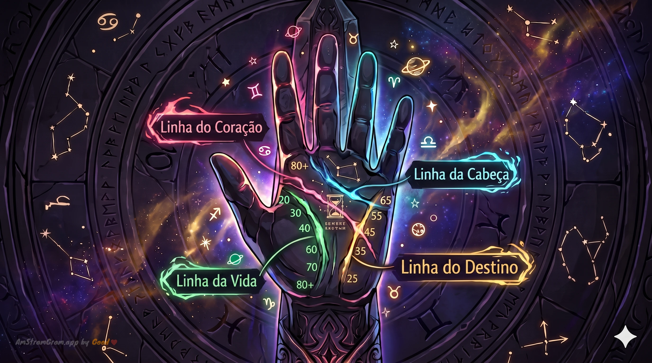 Mapa ilustrado das linhas da mão (coração, cabeça, vida, destino) — guia de quiromancia AmStramGram