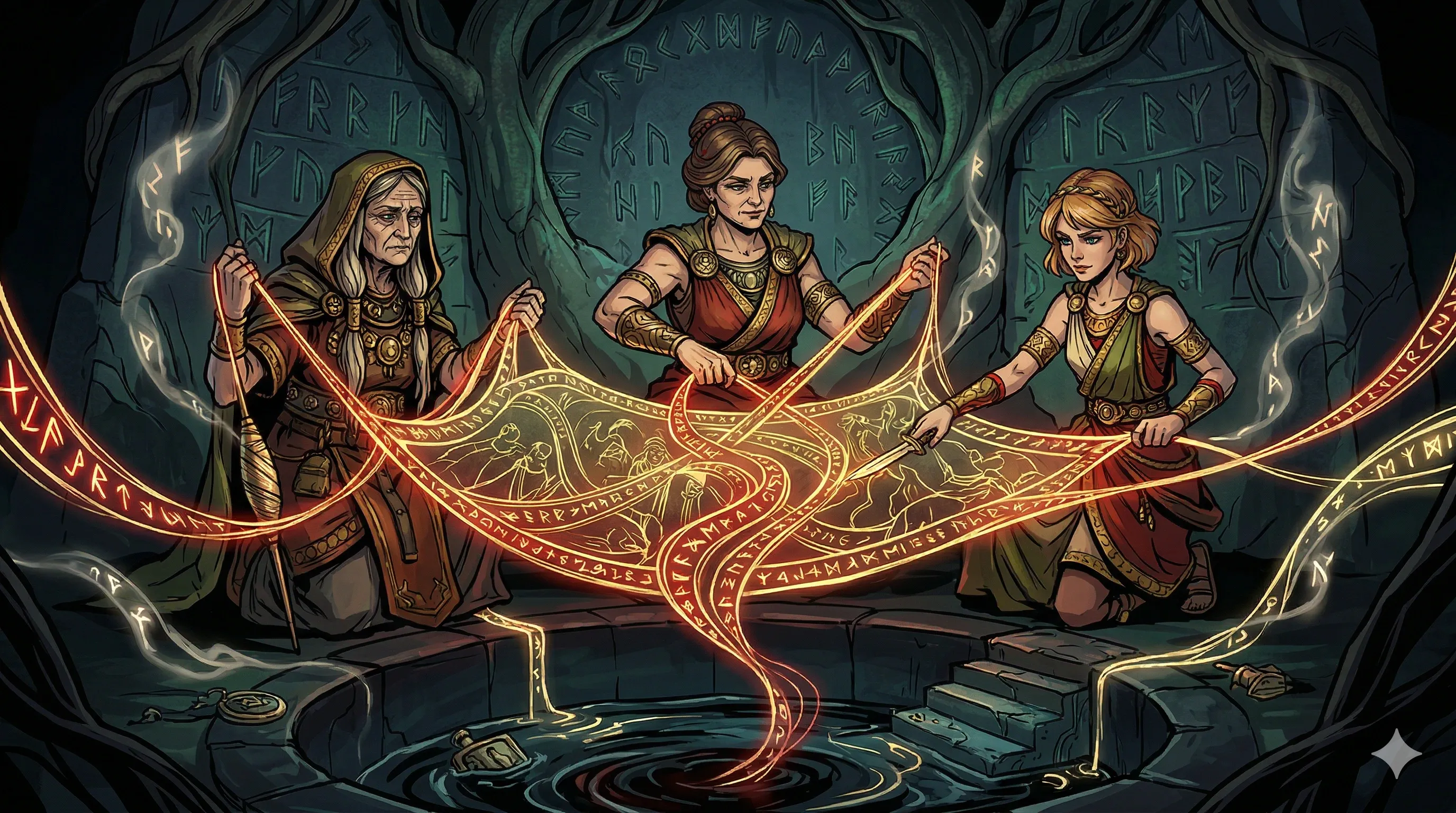 Les Nornes Urd, Verdandi et Skuld au puits du destin — mythologie nordique, wyrd et runes, article blog AmStramGram
